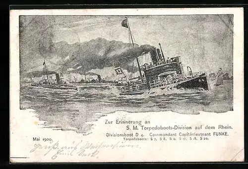 Lithographie Erinnerung an S. M. Torpedoboots-Division a.d. Rhein, Divisionsboot D 4, Kommandant Kapitänleutnant Funk