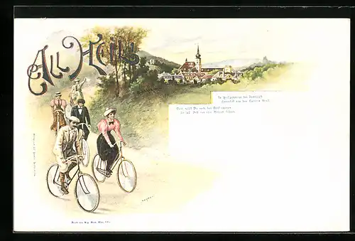 Lithographie Männer und Frauen fahren auf Fahrrädern