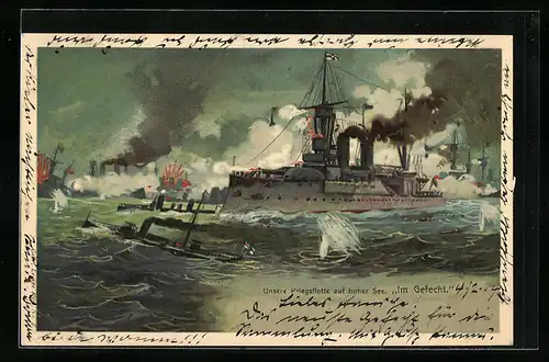 Lithographie Kriegsflotte der kaiserlichen Marine auf hoher See im Gefecht