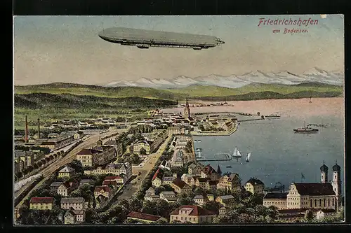 AK Friedrichshafen, Zeppelin über Stadt und Bodensee