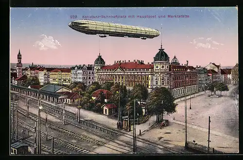AK Konstanz-Bahnhofsplatz mit Hauptpost und Markstätte, Zeppelin