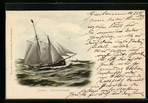 Lithographie Bremen, Lootsenschooner, Segelschiff