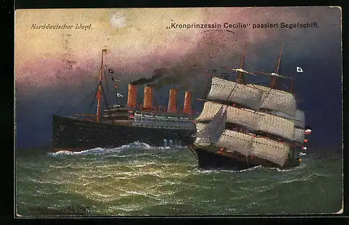 Künstler-AK Dampfer Kronprinzessin Cecilie passiert ein Segelschiff