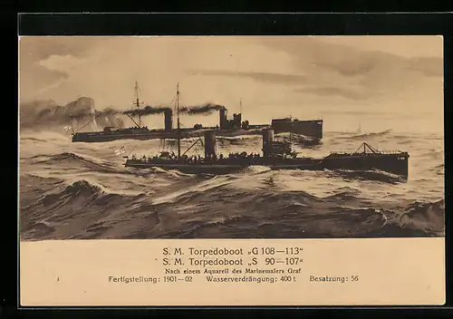 AK Kriegsschiff SM Torpedoboot G 108-113, S 90-107, Ostasiengeschwader