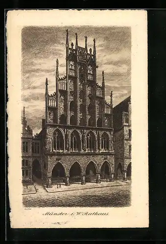 Künstler-AK Münster i. W., Rathaus am Abend
