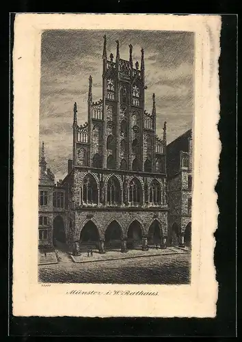 Künstler-AK Münster i. W., Rathaus am Abend