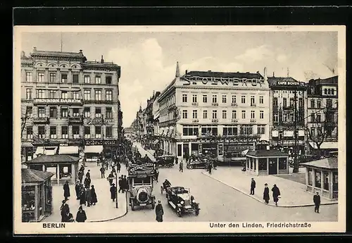 AK Berlin, Strasse Unter den Linden und Friedrichstrasse mit Pension Daheim und Cafe Schön