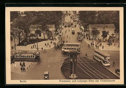 AK Berlin, Potsdamer und Leipziger Platz mit Verkehrsturm und Strassenbahnen