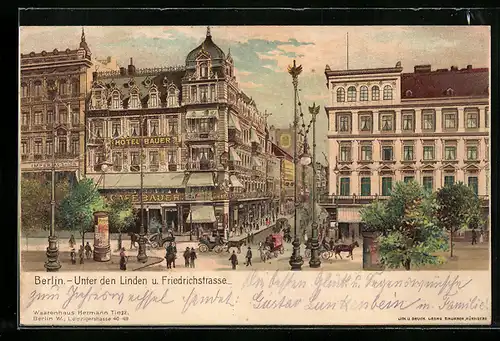 Lithographie Berlin, Cafe Bauer Unter den Linden u. Friedrichstrasse