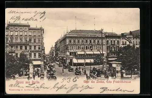 AK Berlin, Unter den Linden, Ecke Friedrichstr. mit Pferdebahn