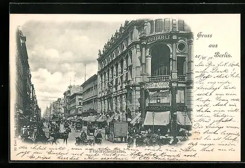 AK Berlin, Friedrichstrasse Ecke Leipzigerstrasse mit Geschäften, Pferdekutsche