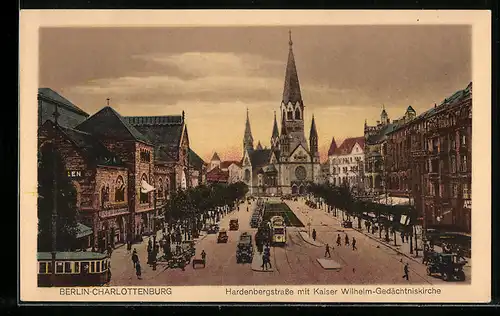 AK Berlin-Charlottenburg, Hardenbergstrasse mit Kaiser Wilhelm-Gedächtniskirche und Strassenbahnen