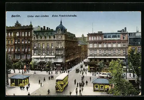 AK Berlin, Unter den Linden Ecke Friedrichstrasse mit Omnibus
