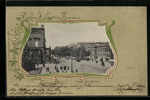 AK Berlin, Strasse Unter den Linden mit Denkmal, Passepartout