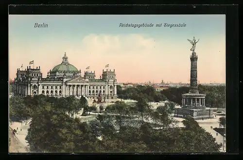 AK Berlin, Reichstagsgebäude mit Siegessäule