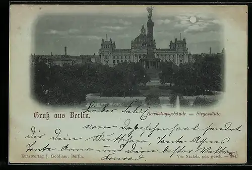 Mondschein-AK Berlin, Reichstagsgebäude und Siegessäule