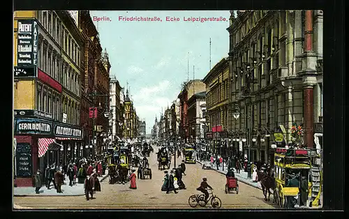 AK Berlin, Blick in die Friedrichstrasse Ecke Leipzigerstrasse, Radfahrer