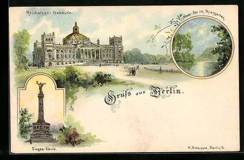Lithographie Berlin-Tiergarten, Reichtags-Gebäude, Sieges-Säule, Neuer See im Tiergarten