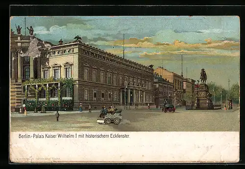 Lithographie Berlin, Palais Kaiser Wilhelm I. mit historischem Eckfenster, Schleichwerbung für Kaufhaus Hermann Tietz