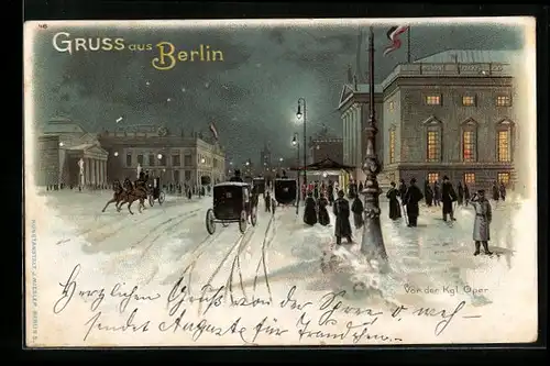 Lithographie Berlin, Strassenpartie vor der Königlichen Oper im Winter