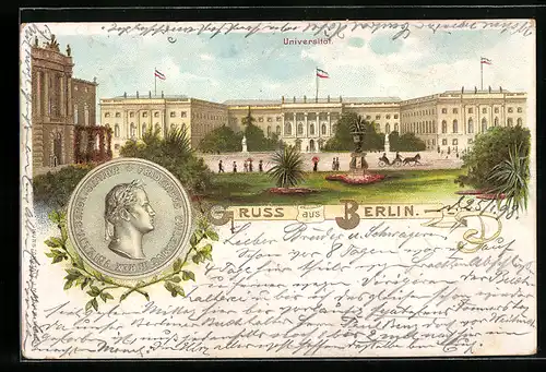 Lithographie Berlin, Universität mit Anlagen, Gedenkmünze Friedrich Wilhelm III.