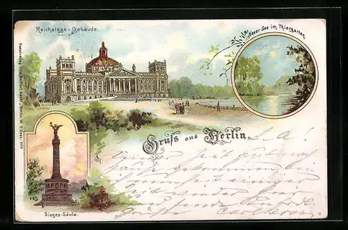 Lithographie Berlin-Tiergarten, Reichtags-Gebäude, Sieges-Säule, Neuer See im Tiergarten