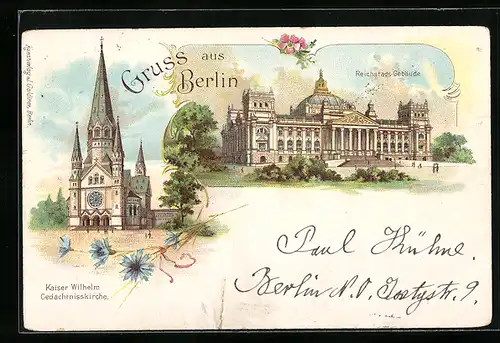 Lithographie Berlin-Tiergarten, Reichstags-Gebäude, Kaiser Wilhelm Gedächtniskirche
