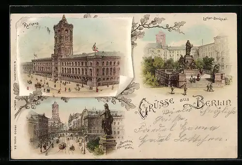 Lithographie Berlin, Berolina Alexanderplatz, Rathaus, Luther Denkmal