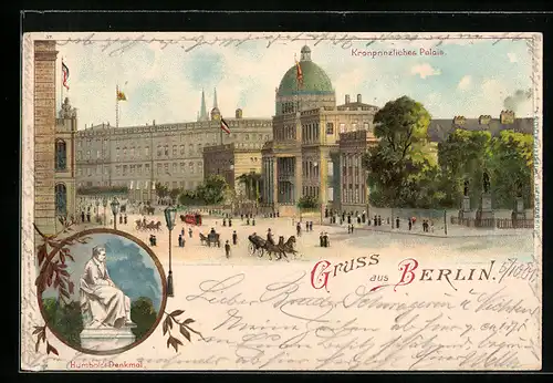 Lithographie Berlin, Kronprinzliches Palais, Unter den Linden, Humboldt-Denkmal
