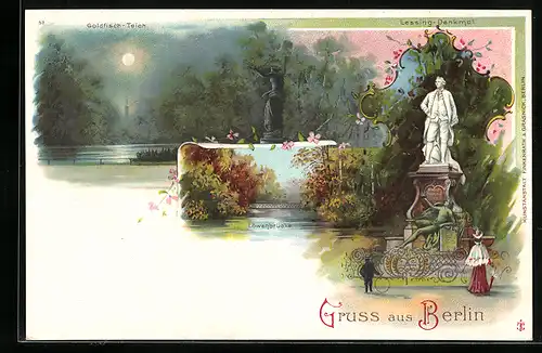 Lithographie Berlin-Tiergarten, Lessing-Denkmal, Goldfisch-Teich, Löwenbrücke