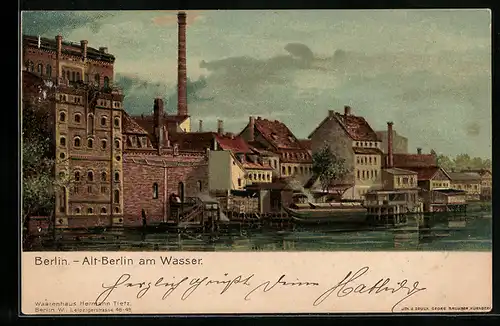 Lithographie Alt-Berlin, Teilansicht am Wasser