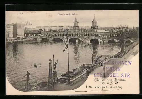 AK Berlin-Friedrichshain, Blick auf die Oberbaumbrücke mit U-Bahn