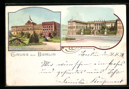 Lithographie Berlin, Generalstabsgebäude und Universität