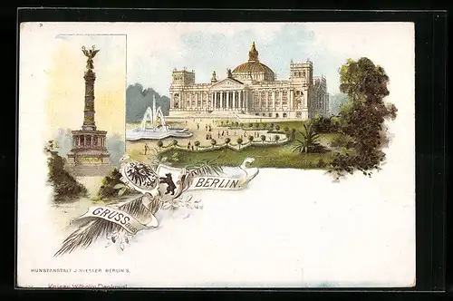 Lithographie Berlin, Reichstagsgebäude und Siegessäule