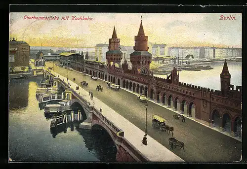 AK Berlin-Friedrichshain, Oberbaumbrücke mit Hochbahn