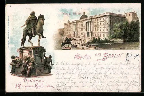Lithographie Berlin, Denkmal des grossen Kurfürsten und Kgl. Schloss