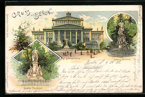 Lithographie Berlin, Gendarmenmarkt, Kgl. Schauspielhaus, Goethe Denkmal, Lessing Denkmal