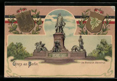 Lithographie Berlin, Wappen mit Portrait Bismarcks, Partie am Bismarckdenkmal