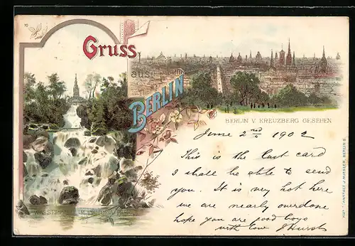 Lithographie Berlin-Kreuzberg, Ortsansicht vom Kreuzberg aus, Wasserfall im Viktoria-Park