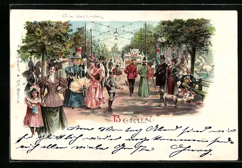 Lithographie Berlin, Unter den Linden, Strassenpartie mit Passanten