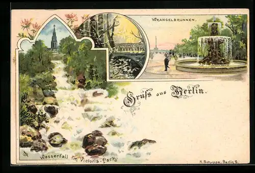 Lithographie Berlin-Kreuzberg, Wrangelbrunnen, Wasserfall im Victoria-Park