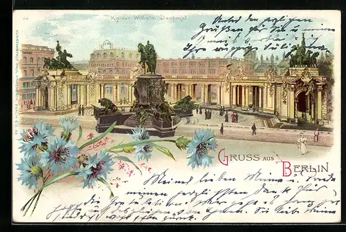 Lithographie Berlin, am Kaiser Wilhelm Denkmal, Blumenschmuck