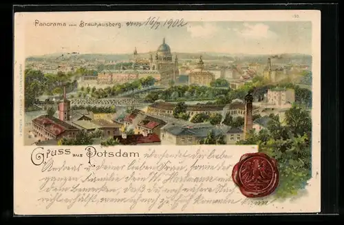 Lithographie Potsdam, Teilansicht aus der Vogelschau, Siegel