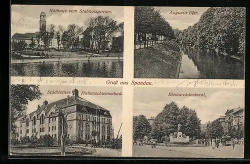 AK Berlin-Spandau, Rathaus, Städt. Hallenschwimmbad, Bismarckdenkmal