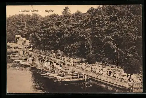 AK Berlin-Treptow, Gasthaus Paradies-Garten, mit Booten