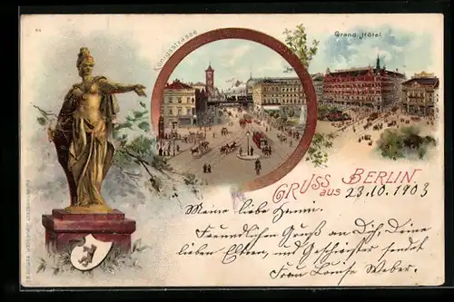 Lithographie Berlin, Königsstrasse m. Pferdebahnen, Grand Hotel