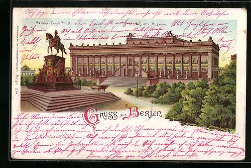 Lithographie Berlin, Partie am Reiter-Denkmal Friedrich Wilhelm III. mit Blick auf das alte Museum