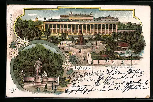 Lithographie Berlin, Denkmal Albrecht II., Kgl. Museum mit Lustgarten