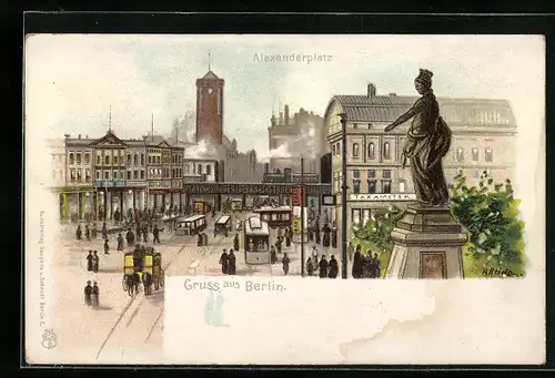 Lithographie Berlin, Alexanderplatz mit Blick auf das Rote Rathaus, Strassenbahnen u. Eisenbahnbrücke