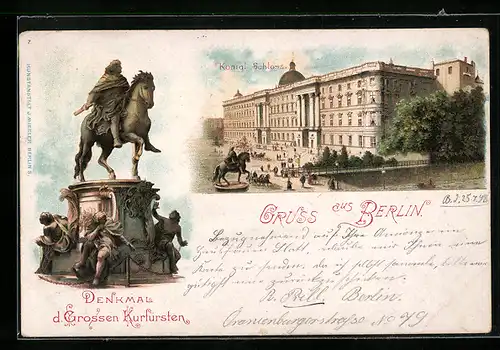 Lithographie Berlin, Denkmal des grossen Kurfürsten und Kgl. Schloss